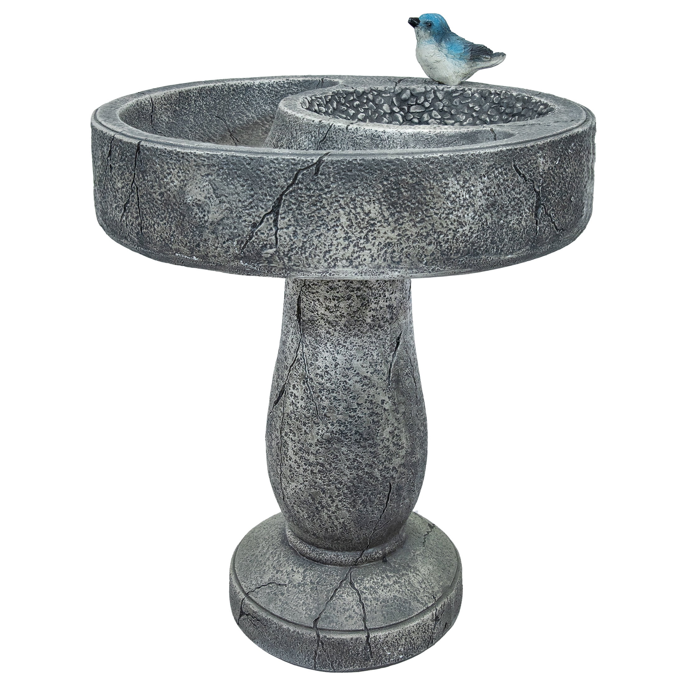 Gray Polyresin Bird Bath with Feeder Compartment, 27" Tall