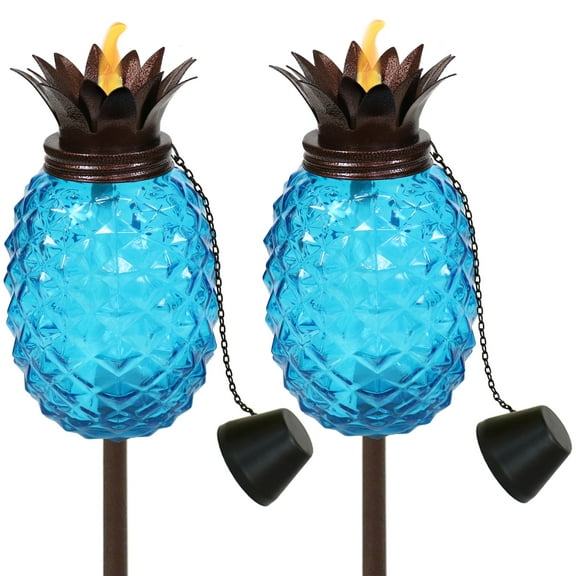 Sunnydaze Tropical Pineapple Blue 3-in-1 Outdoor Torch Set with Adjustable Height (2 Count)