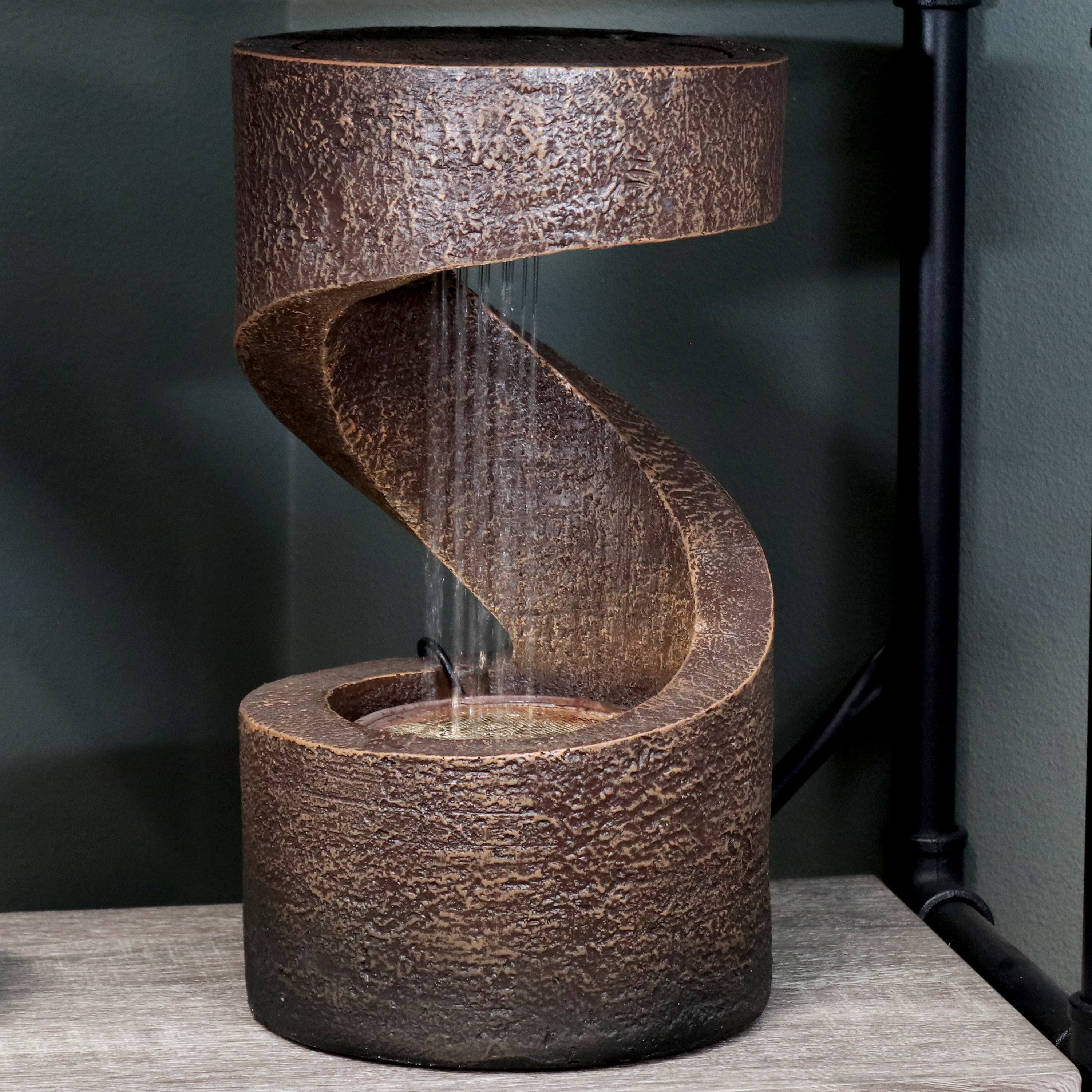 Brown Polyresin Spiral Tabletop Water Fountain with LED Light