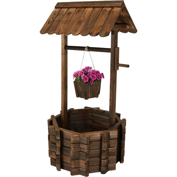 Sunnydaze Wishing Well 24.5" x 22" x 45" Octagon Brown Wooden Outdoor Planter with Bucket