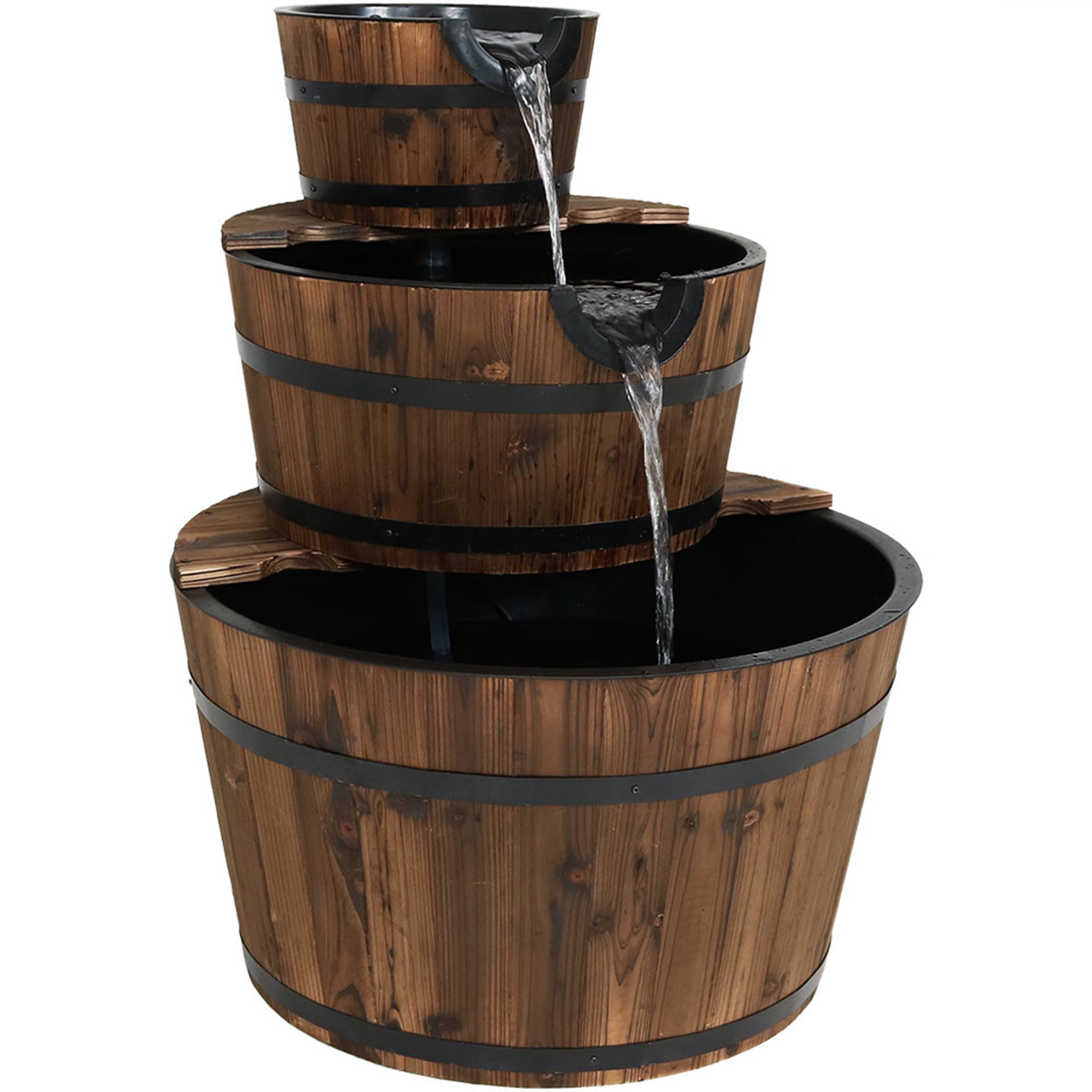 30-Inch Rustic Fir Wood 3-Tier Barrel Outdoor Fountain