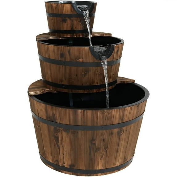 Sunnydaze Wood Barrel Brown 3-Tier Outdoor Water Fountain