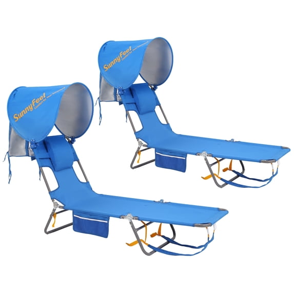 Sunnyfeel 2 Pack Face Down Tanning Beach Chair with Canopy, 5-Position Lay Flat Lounger, Blue
