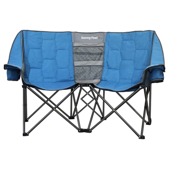 Sunnyfeel Oversized Double Camping Chair for Adults 600 lbs, Extra-Large 2-Person Loveseat Folding Chair with Cup Holders, Heavy Duty Portable Outdoor Chair, Blue