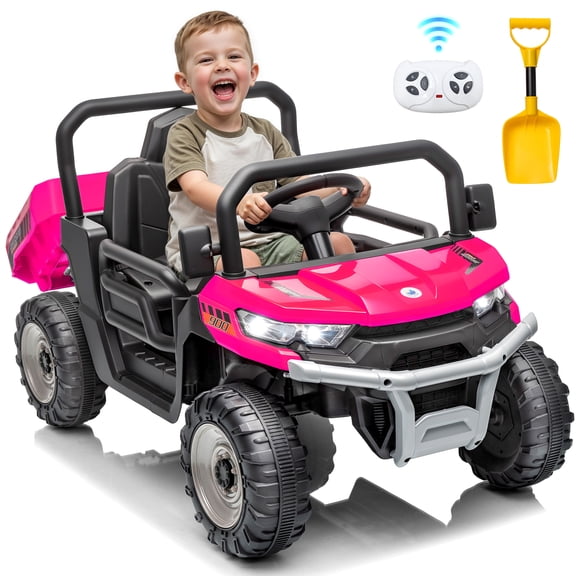 Sunnyfree 12V Ride on Dump Truck with Remote Control, 3 Speeds Ride on Toys with Spring Suspension, Dump Bed, Shovel, Bluetooth Music, Led Lights, Stories, Perfect Gift in Pink