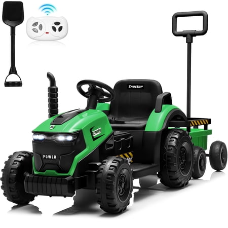 Sunnyfree 12V Ride on Tractor with Remote Control, 2 in 1 Ride on Car w/ Detachable Trailer, Ride on Toys for Kids with Bluetooth Music, Shovel, LED lights, Green