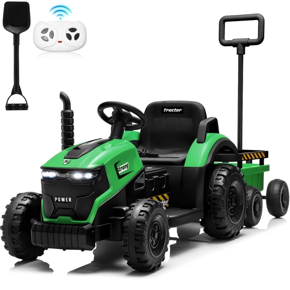 Sunnyfree 12V Ride on Tractor with Remote Control, 2 in 1 Ride on Car w/ Detachable Trailer, Ride on Toys for Kids with Bluetooth Music, Shovel, LED lights, Green