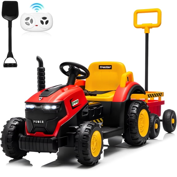 Sunnyfree 12V Ride on Tractor with Remote Control, 2 in 1 Ride on Car w/ Detachable Trailer, Ride on Toys for Kids with Bluetooth Music, Shovel, LED lights, Red