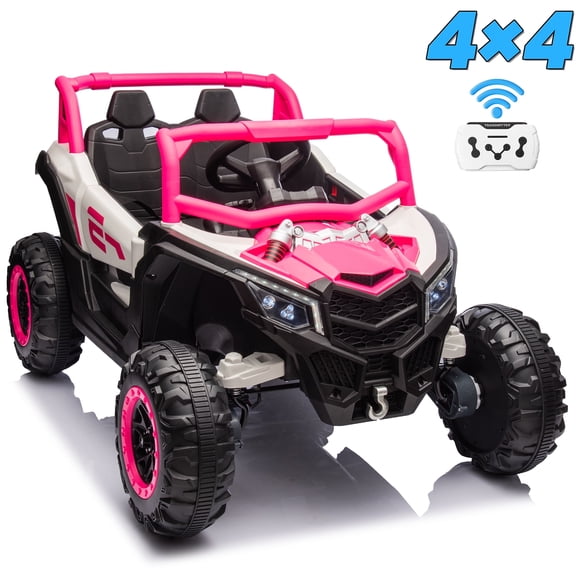 Sunnyfree 24 Volt Ride on Toys, 4WD Electric Car for Kids, Power Car Wheels with Remote Control, Bluetooth, Spring Suspension, LED Light, Pink