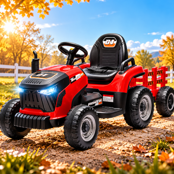 Sunnyfree 24V Kids Ride on Tractor, Electric Tractor with Detachable Trailer, Ride on Toys with Remote Control, 2×200W Motors, Bluetooth, LED Lights, Ages 3-8, Red
