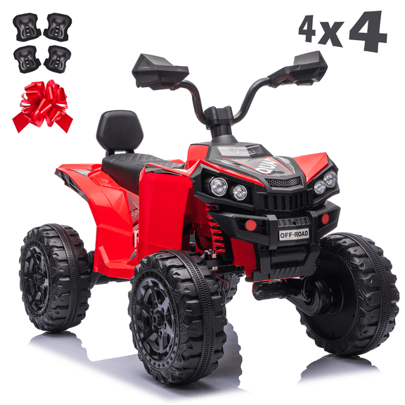 Sunnyfree 4WD 24V Ride on ATV, 800W Ride on Toys with Spring Suspension, Electric Four Wheeler for Kids with Bluetooth Music, Led Lights, Knee Pads, Red