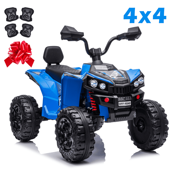 Sunnyfree 4WD 24V Ride on Toys, 800W Kids ATV with 4 Wheels Spring Suspension, 7Ah Battery Powered Electric Vehicles with Bluetooth Music, Led Lights, Knee Pads, Blue