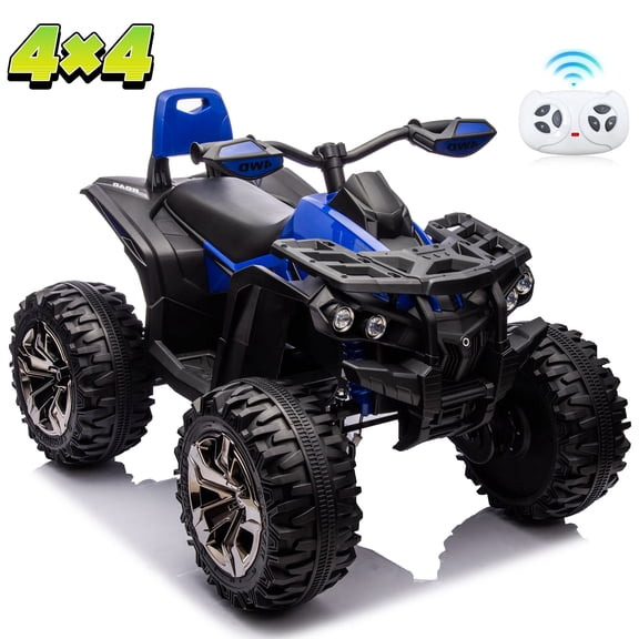 Sunnyfree 4WD ATV for Kids 24V Ride on Toy, 2-Seater Power Car Wheels with Remote, Bluetooth, Spring Suspension, Gift for Outdoor Play, Blue