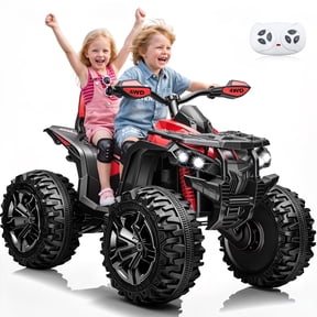 Sunnyfree 4WD ATV for Kids 24V Ride on Toy, 2-Seater Power Car Wheels with Remote, Bluetooth, Spring Suspension, Includes 2 Pairs Knee Pads, Red