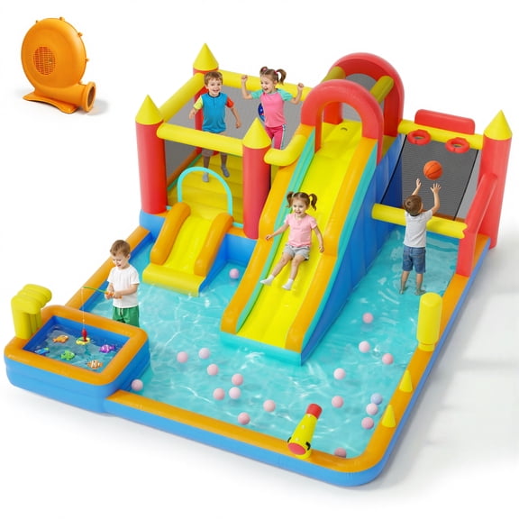 Sunnyfree Inflatable Bouncer House 9 in 1 for Kids 3+, 15x13FT Oversized Inflatable Water Slide Park, Indoor/Outdoor Bounce Castle w/ Blower