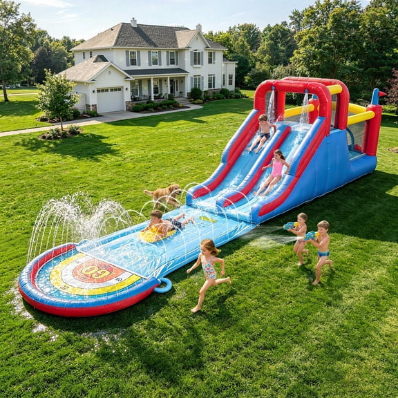 Sunnyfree Inflatable Bounce House with 155in Detachable Slide, Inflatable Water Slide with Sprinkler and 2 Slip Inflatable Boards for Kids 3+, Indoor/Outdoor