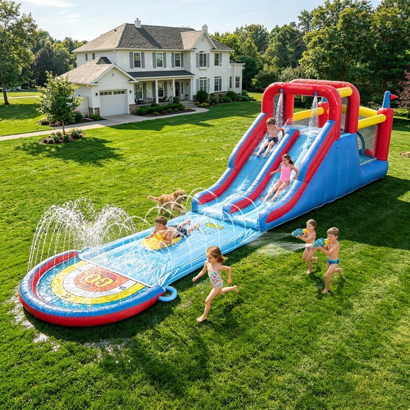Sunnyfree Inflatable Water Slide for Kids 3+, 2 Extra Long Slides with Sprinkler, 2 Slip Inflatable Boards&112in Removable Slide, Indoor/Outdoor
