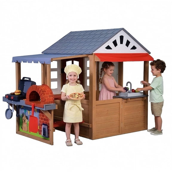 Sunnyfree Ourdoor Playhouse with BBQ Grill, Wooden Playhouse Interactive Kitchen, Pizza Oven, Toy Grill, Kitchen Utensils, Indoor & Outdoor