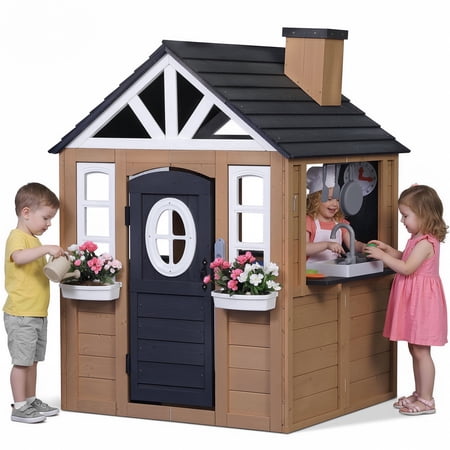 Sunnyfree Outdoor Playhouse for Kids, Interactive Kitchen Wooden Playhouse with Doorbell, Phone, and Kitchen Toys, Indoor & Outdoor