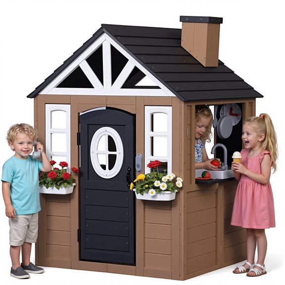 Sunnyfree Outdoor Playhouse for Kids, Wooden Playhouse with Doorbell, Phone, and Kitchen Toys, Ages 3 to 8