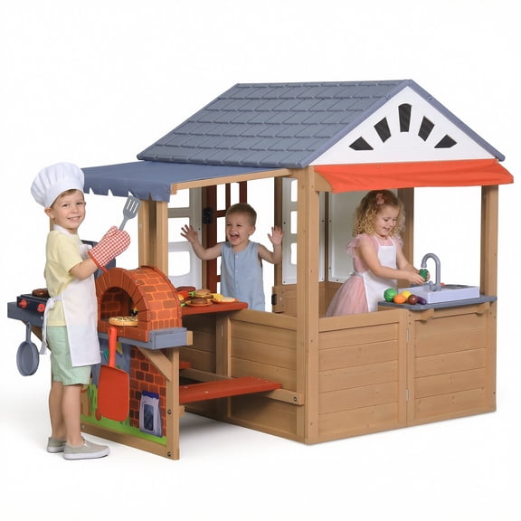 Sunnyfree Outdoor Playhouse with BBQ Grill, Kids Wooden Playhouse, Food, Whiteboard, Mail Receiver, Indoor & Outdoor