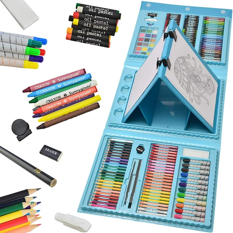 Sunnyglade 185 Pieces Double Sided Trifold Easel Art Set, Drawing Art Box with Oil Pastels, Crayons, Colored Pencils, Markers, Paint Brush, Watercolor