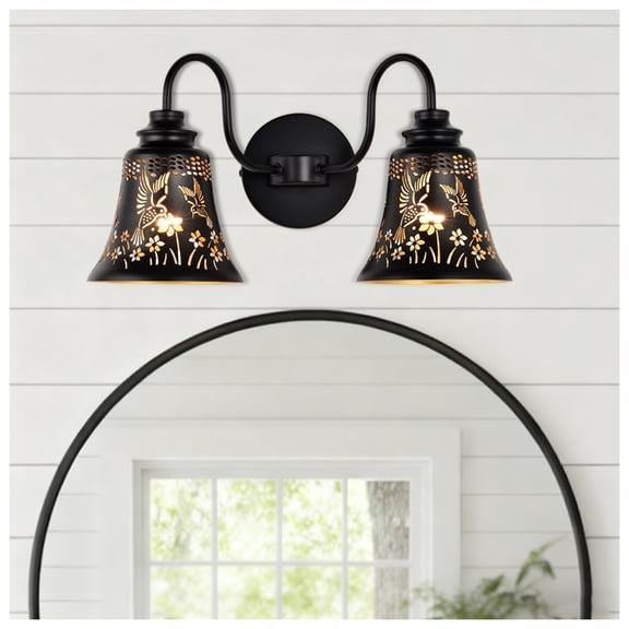 Sunnyin 2-Light Hummingbird Rustic Wall Sconce Black Gold Vanity Lamp