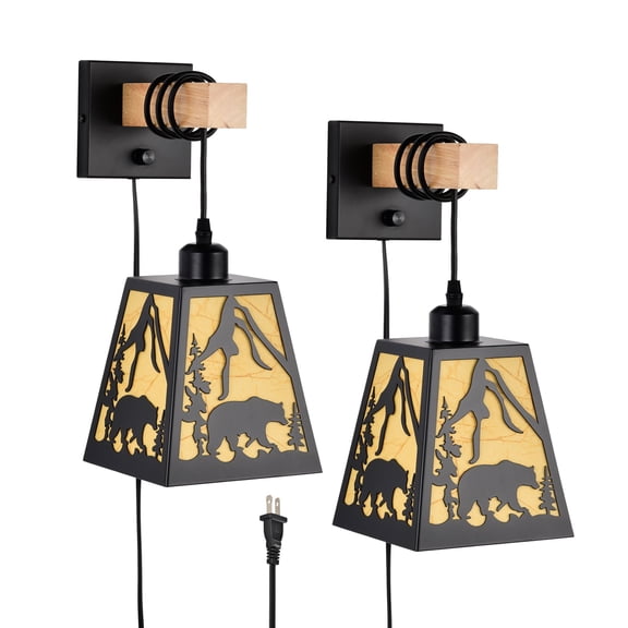 Sunnyin Plug in Wall Sconce Rustic Bear Metal Lamp, Farmhouse Black Wall Light for Bedroom or Porch Décor
