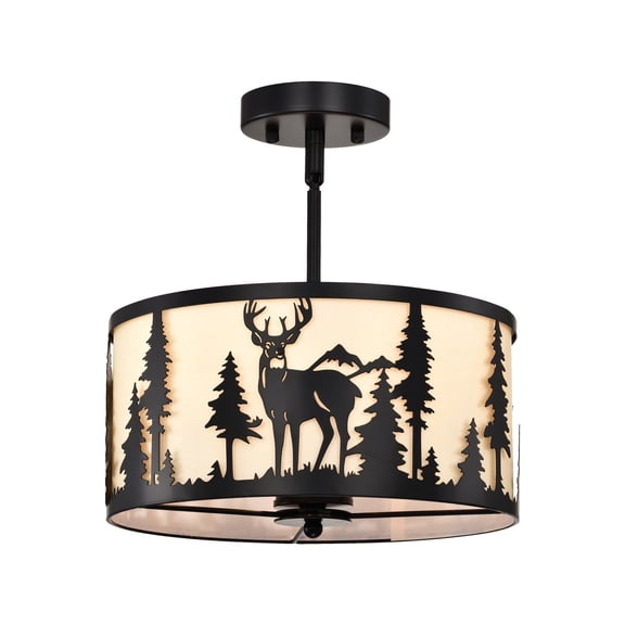 Sunnyin Rustic Drum Chandelier Deer Forest Pattern 3-Light Hanging Fixture