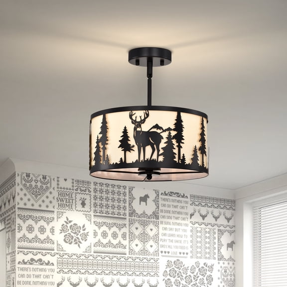 Sunnyin Rustic Drum Chandelier Deer Forest Pattern 3-Light Hanging Fixture