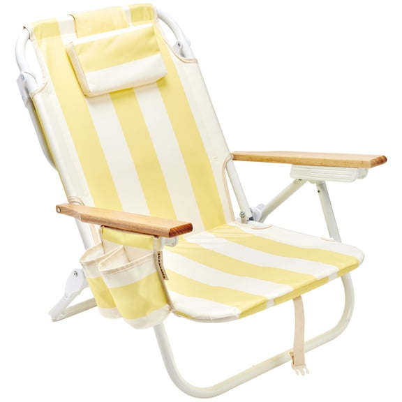 Sunnylife: Deluxe Beach Chair - La Mer Limon Stripe - Yellow Fabric Lounger Seat, Adjustable Recline, Mini Cooler Bag, Drink Holder, Pool-Sand-Outdoor