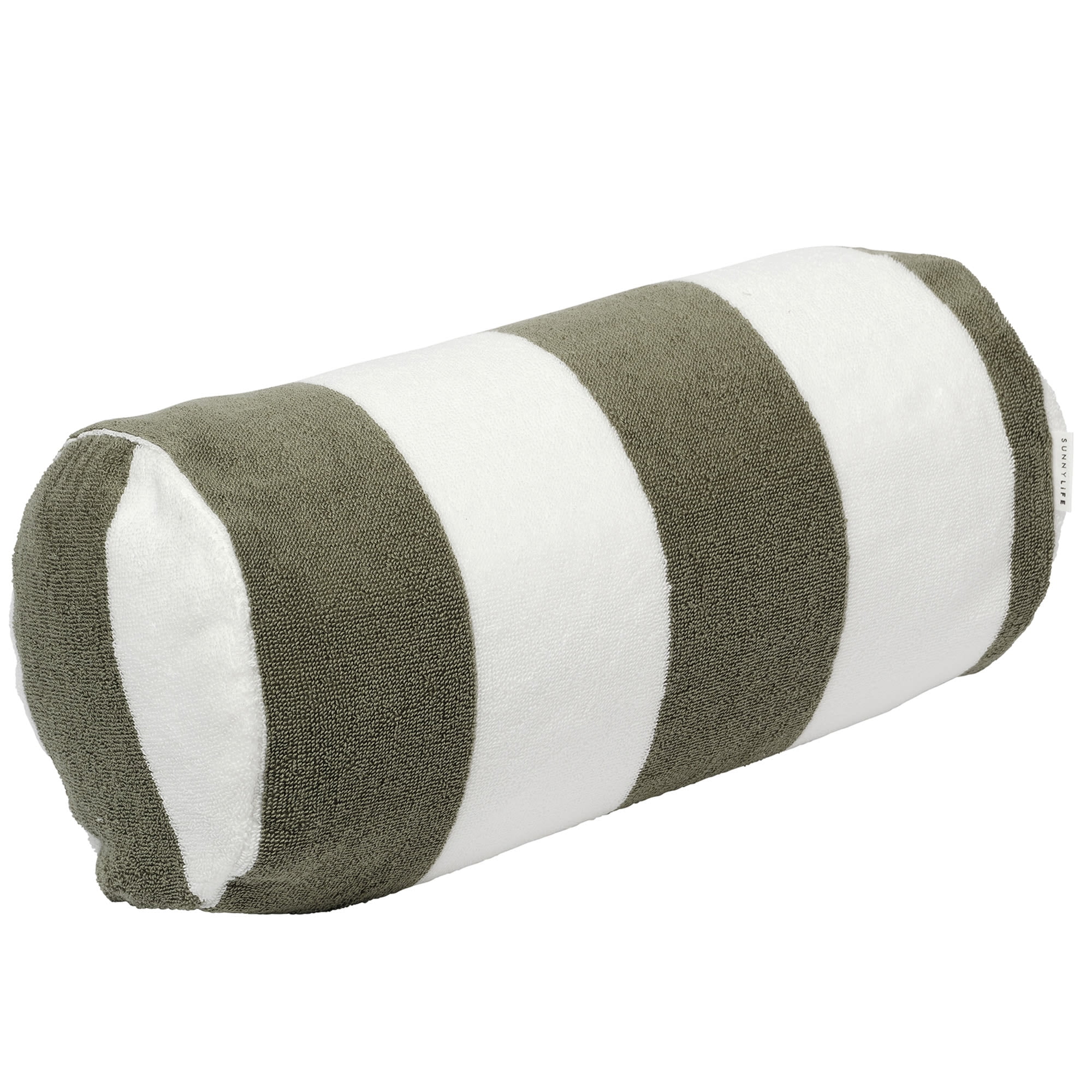 Sunnylife: Inflatable Beach Pillow - The Vacay Olive Stripe - 14x6" Cylinder Neck Pillow, 450gsm Terry Toweling Removable Cover, Pool-Sand-Outdoor