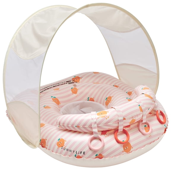 Sunnylife: Interactive Baby Float - Poppy the Peach - Pink Stripe, Inflatable Pool Ring Tube, Adjustable Fabric Seat, Shade Canopy, Play Rings, 6-12Mo