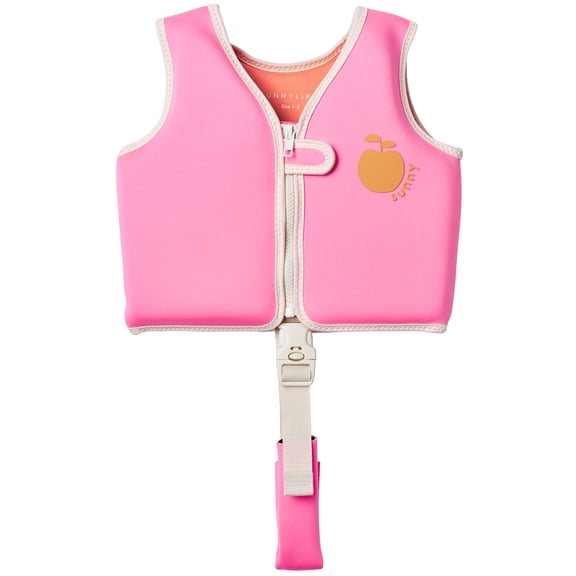 Sunnylife: Kids Float Vest 1-2 - Poppy the Peach - Neon Pink Fruit, Children Up To 33lbs, Pool & Water Jacket, Zip Front, Safety Strap, Natural Rubber