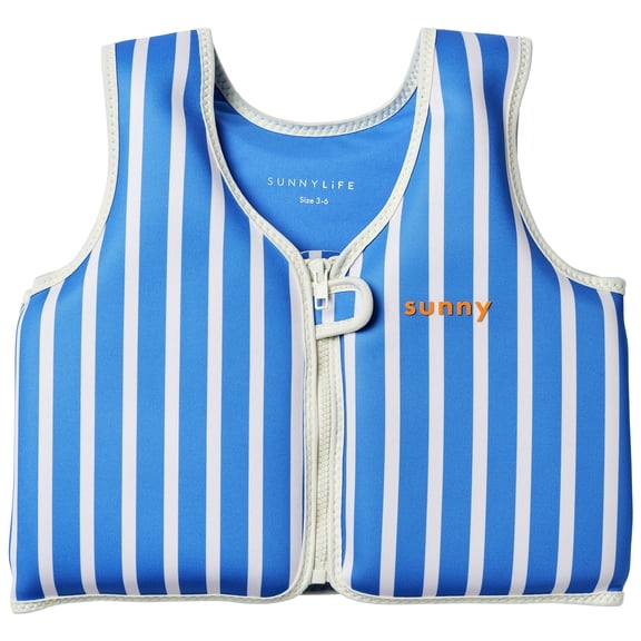 Sunnylife: Kids Float Vest 3-6 - Tino the Tiger - Blue Stripe - Children Up To 66lbs, Pool & Water Jacket, Zip Front, Safety Strap, Natural Rubber