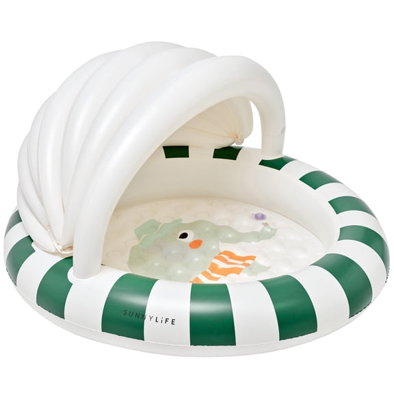 Sunnylife: Kids Inflatable Pool - Eli the Elephant - Green-White Stripes, Canopy Sunshade, 47" Kiddie Splash Wade Ring Pool, Water Play, Baby-Toddler
