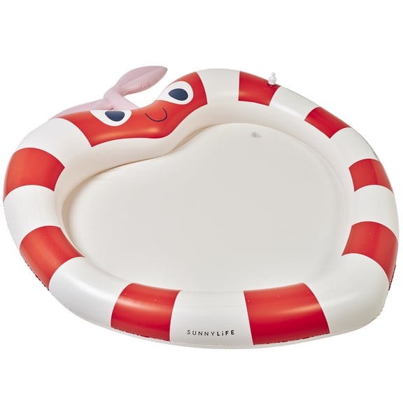 Sunnylife: Kids Sprinkler Mat - Poppy the Peach - Red-White Striped Fruit Character, 59" Inflatable Water Sprayer Wade Pool, Outdoor Play Splash Center