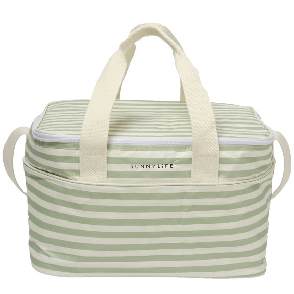 Sunnylife: Light Cooler Bag - Sea Sage Green Stripe - 4.9 Gal, Insulates Hot & Cold Up To 3hrs, Food-Drinks, Shoulder Straps, Beach-Pool-Outdoor-Party