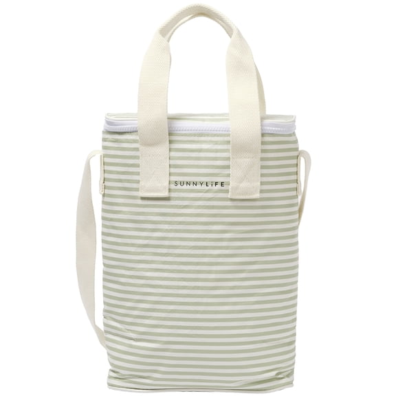 Sunnylife: Light Cooler Drinks Bag - Sea Sage Green Stripe - 2.1 Gal, Insulates 4hrs, Fits 2 Wine-Champagne Bottles, Beach-Pool-Outdoor-Party-Picnic