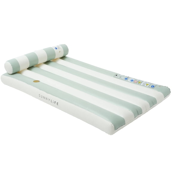 Sunnylife: Luxe Lilo - Green Stripe - 70 x 41" Inflatable Pool Float, Bolster Headrest, Lay-Flat Lounger, Drink Holder, Beach & Water Play, Teen-Adult