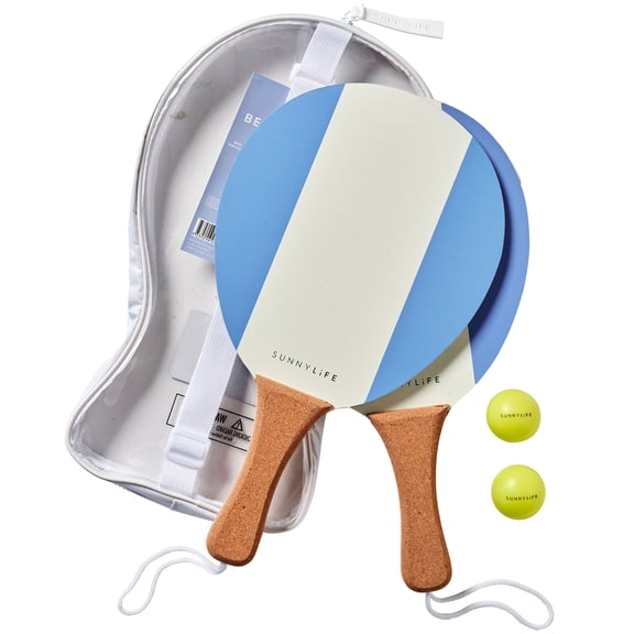 Sunnylife: Vintage Beach Paddles - La Mer Med Blue - 2 Bats & 2 Balls Game Set, Cork Handles, Outdoor-Party-Water Play, Zipper Carry Case, Family-Kids