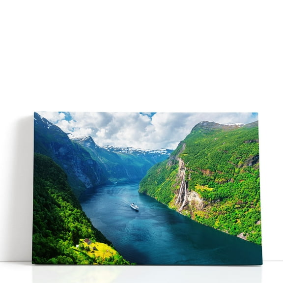 Sunnylvsfjorden Fjord, Seven Sisters Waterfalls, Norway - Wrapped Canvas Print Wall Art | 18" W x 12" H