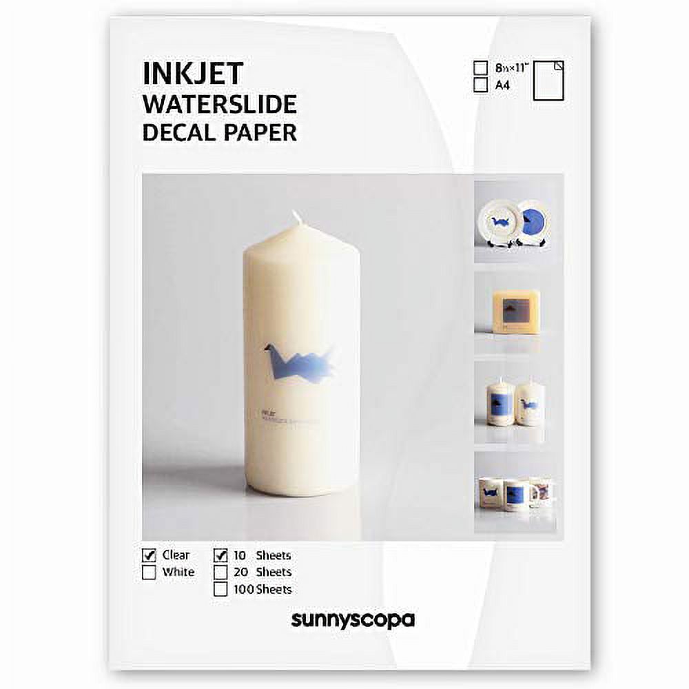 Sunnyscopa Waterslide Decal Paper for INKJET Printer CLEAR, US LETTER SIZE 8.5"X11", 10 SHEETS