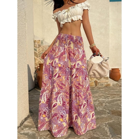 Sunnyshic Women's Spring/Summer Vacation Daily Casual Bohemian Print Gathered Long Skirt