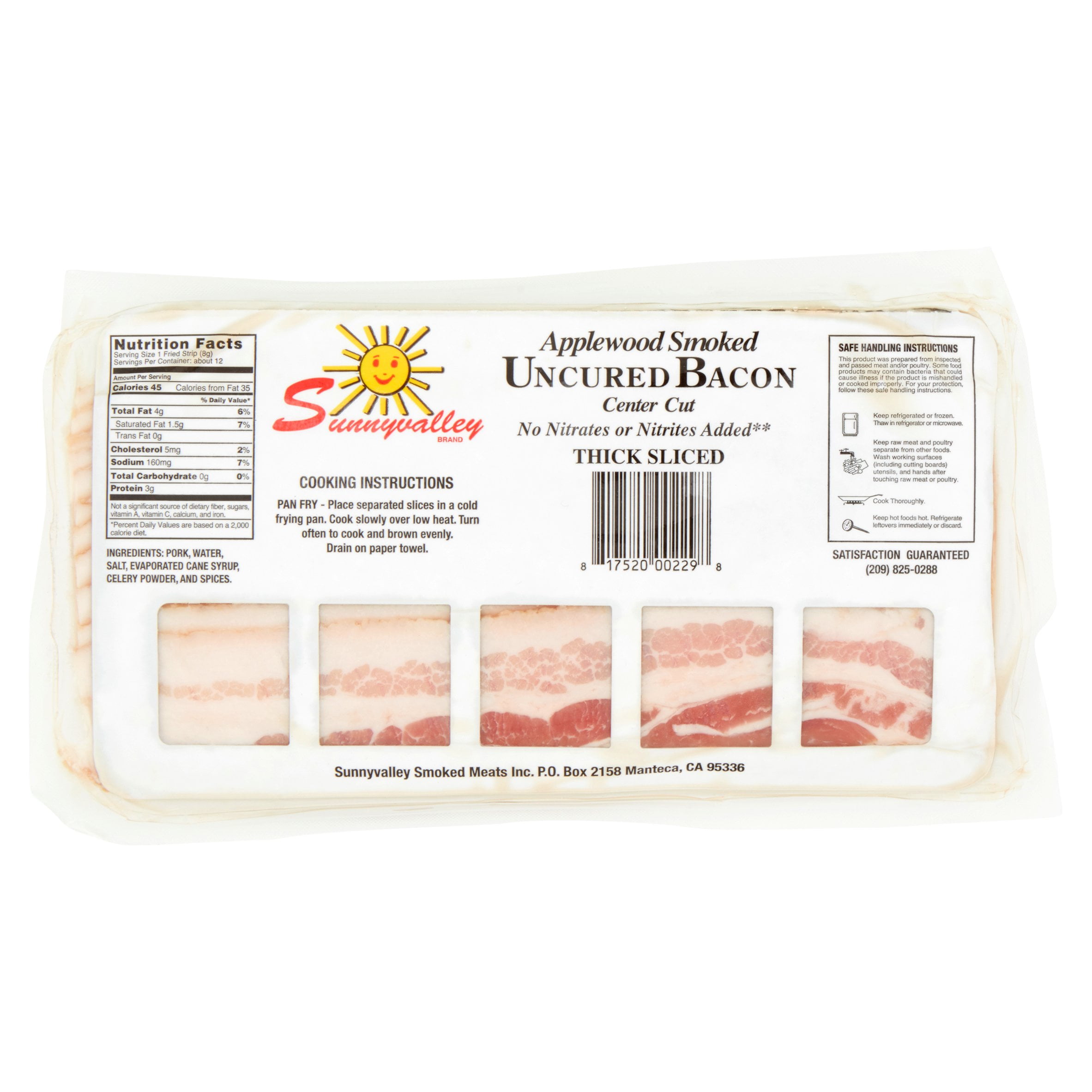 Sunnyvalley Fresh Uncured Applewood Smoked Bacon, 12 oz, Vacuum Sealed in Plastic