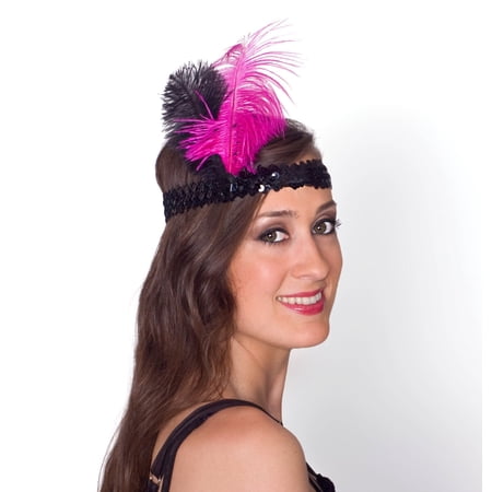 Sunnywood 1920's Flapper Style Headpiece – Black and Pink Feather Sequin Headband with Faux Jewel for Gatsby Parties and Halloween Costumes
