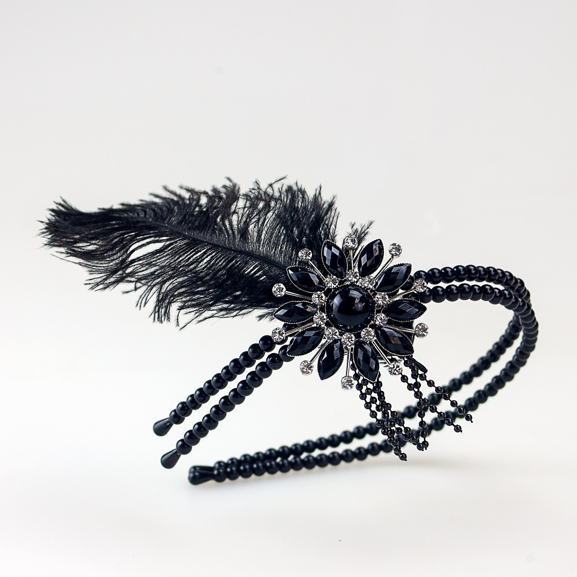 Flapper Feather Headband with Rhinestones and Pearls for Gatsby Party Silver Rhinestone & Pearl Gatsby Headpiece – Flapper Boutique main image 4