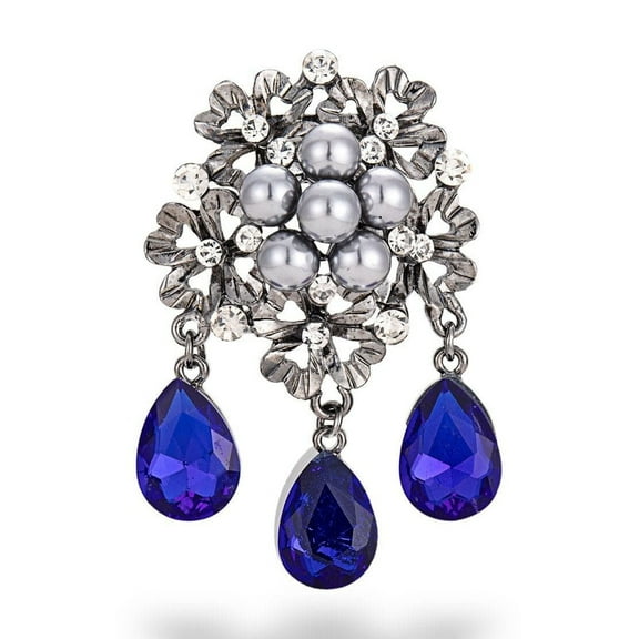 Sunnywood Antique Silver Deep Blue Brooch Vintage Victorian Art Deco Design with Rhinestones and Dew Drop Stones for Costumes, Weddings, and Parties