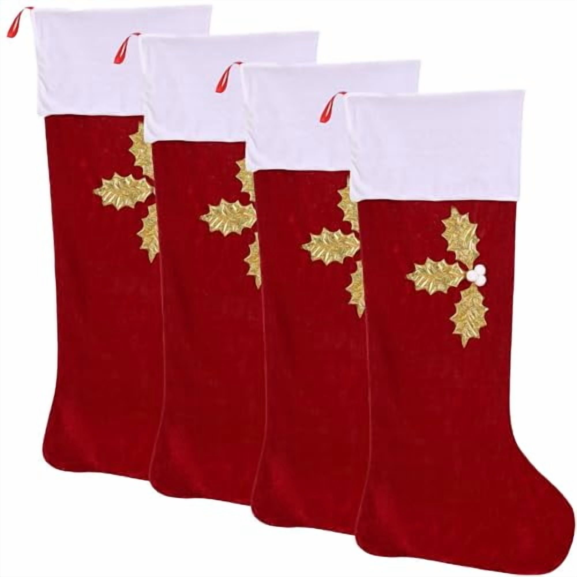Sunnywood Christmas Stockings Gift Bag Holder Set of 4 Extra Large Red Velour Golden Hollies Stockings
