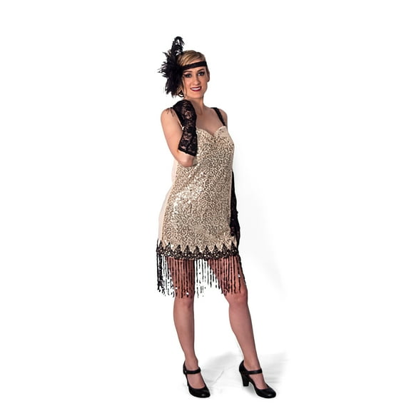 Sunnywood Glitter Flapper Plus Size Beige Costume 1920s Vintage Style with Sequins and Fringes, XL